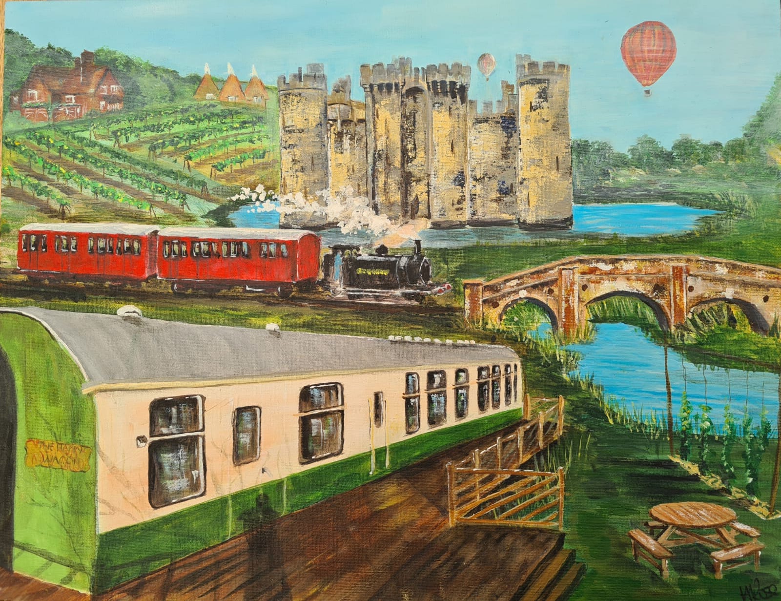 A painting by local artist Vicki Rose, featuring key landmarks of Bodiam. In particular the castle and bridge. There is an air balloon in the sky, a black steam train with two red carriages, a hop farm with fields and drying chimneys. The bodiam coach in it's striking off-white and green stripe is at the front.
